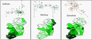 Median-joining networks and surname distribution map for surnames Sullivan, McEvoy, and Donohoe