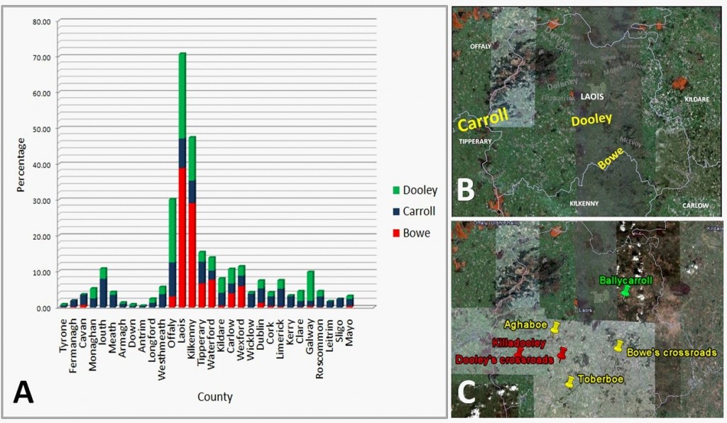 Bar Chart of Irish County Distribution and Map Plots of Placenames