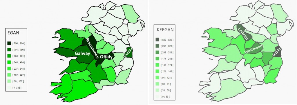 Geographic distribution of surnames Egan and Keegan in Ireland