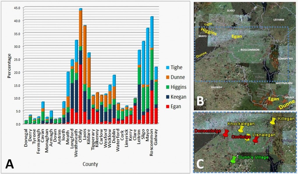 Bar Chart of Irish County Distribution and Map Plots of Placenames for Egan test subject.