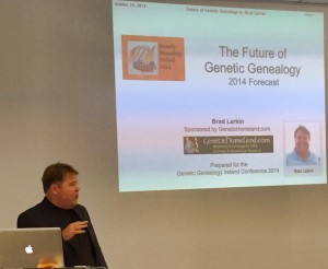 Speaker Brad Larkin at the podium during genetic genealogy ireland 2014 conference in Dublin.