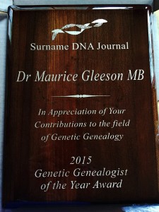 Image of plaque for the 2015 Genetic Genealogist of the Year Award to D. Maurice Gleeson MB from Surname DNA Journal