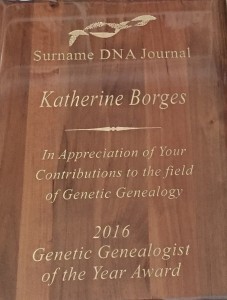 Image of plaque for the 2016 Genetic Genealogist of the Year Award to Katherine Borges from Surname DNA Journal
